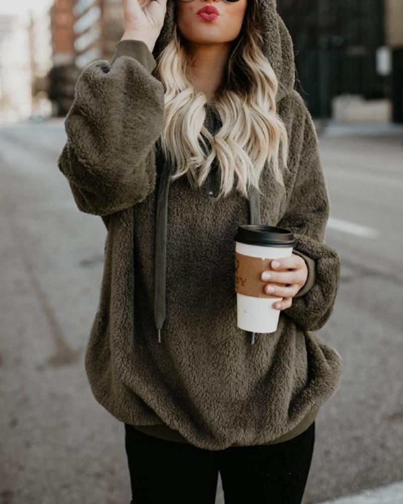 

Long Sleeve Zipper Pocket Design Teddy Hoodie, Green