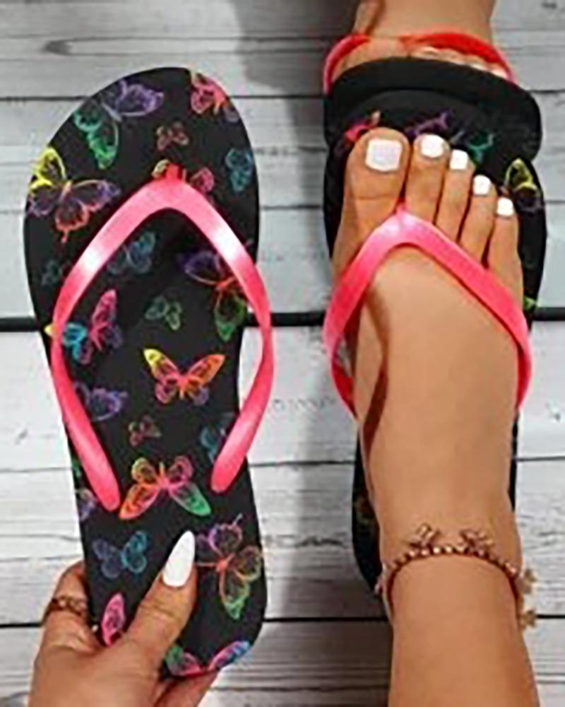 

Butterfly Print Toe Post Flip Flops, Black