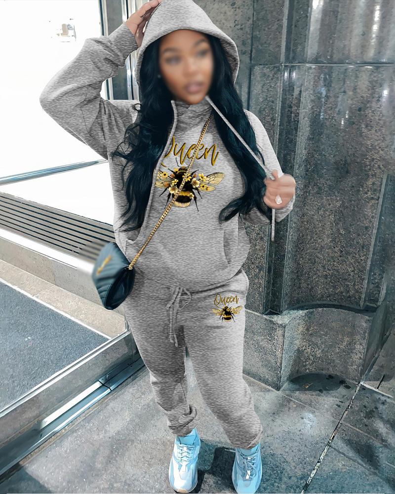 

Letter Bee Print Long Sleeve Hoodie & Pants Set, Gray