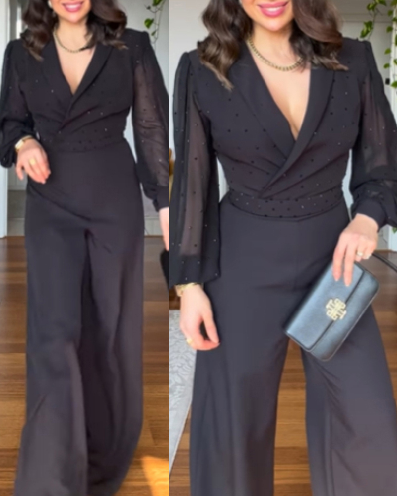 

Combinaison décontractée à manches longues et fermeture éclair en mousseline de soie avec strass, Black