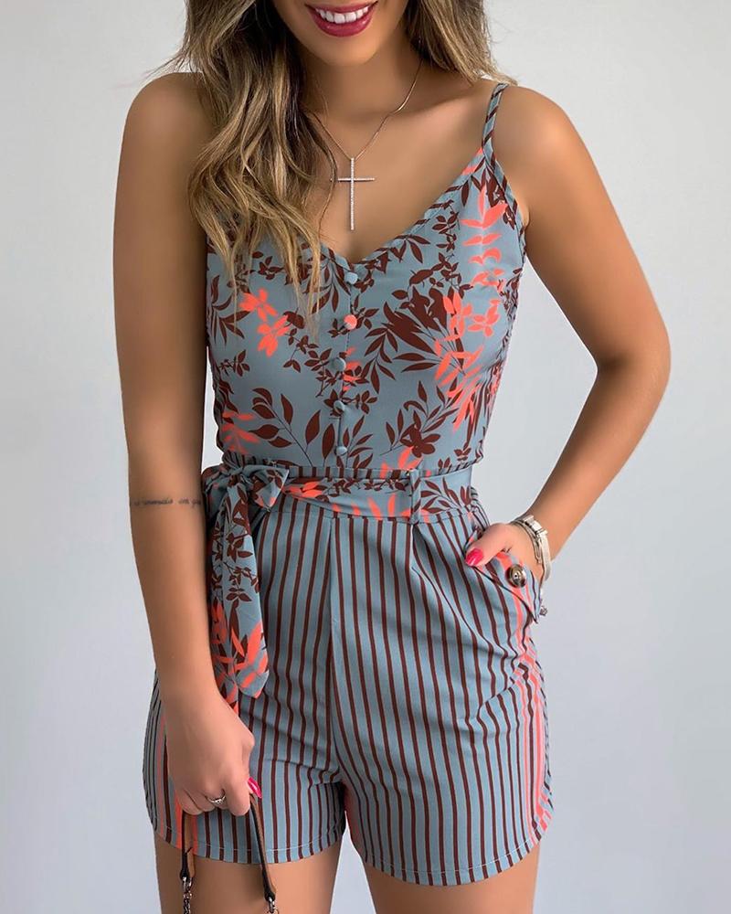 

Leaf Print Striped Spaghetti Straap Tied Romper, Gray