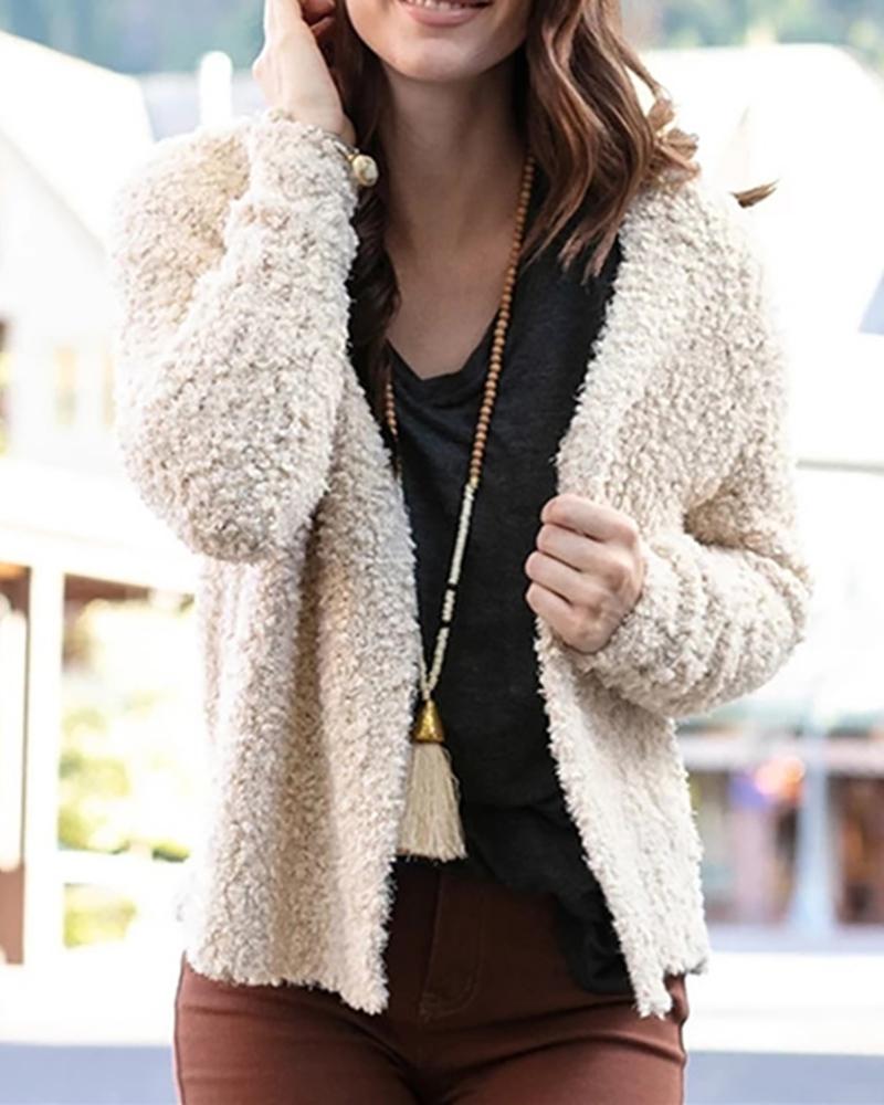 

Solid Long Sleeve Fluffy Teddy Coat, Beige