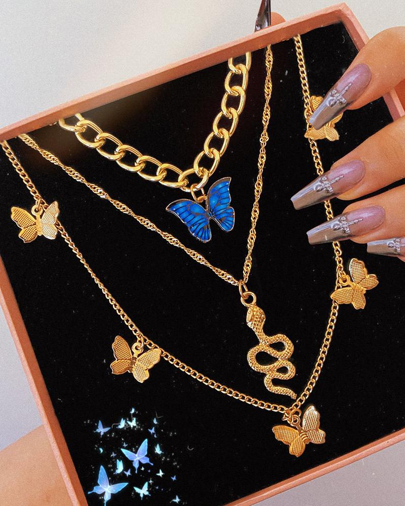 

3pcs Butterfly Snake Pendant Chain Pendant Necklace, Gold