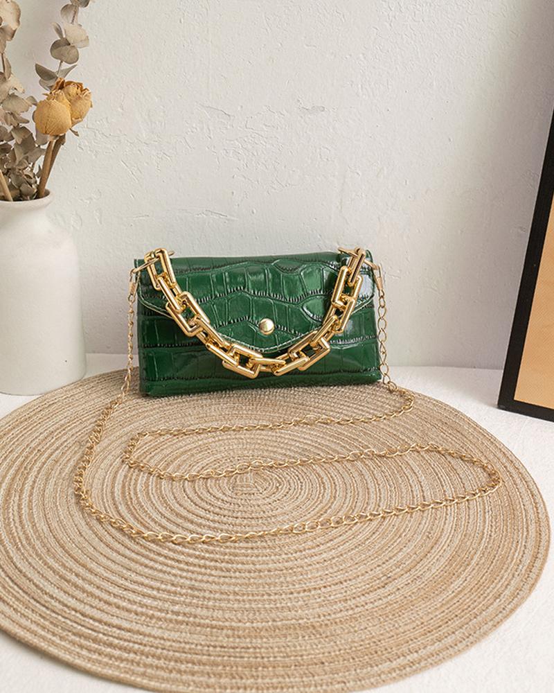 

Embossed Chain Strap Flap Shoulder Bag With Handle, Green