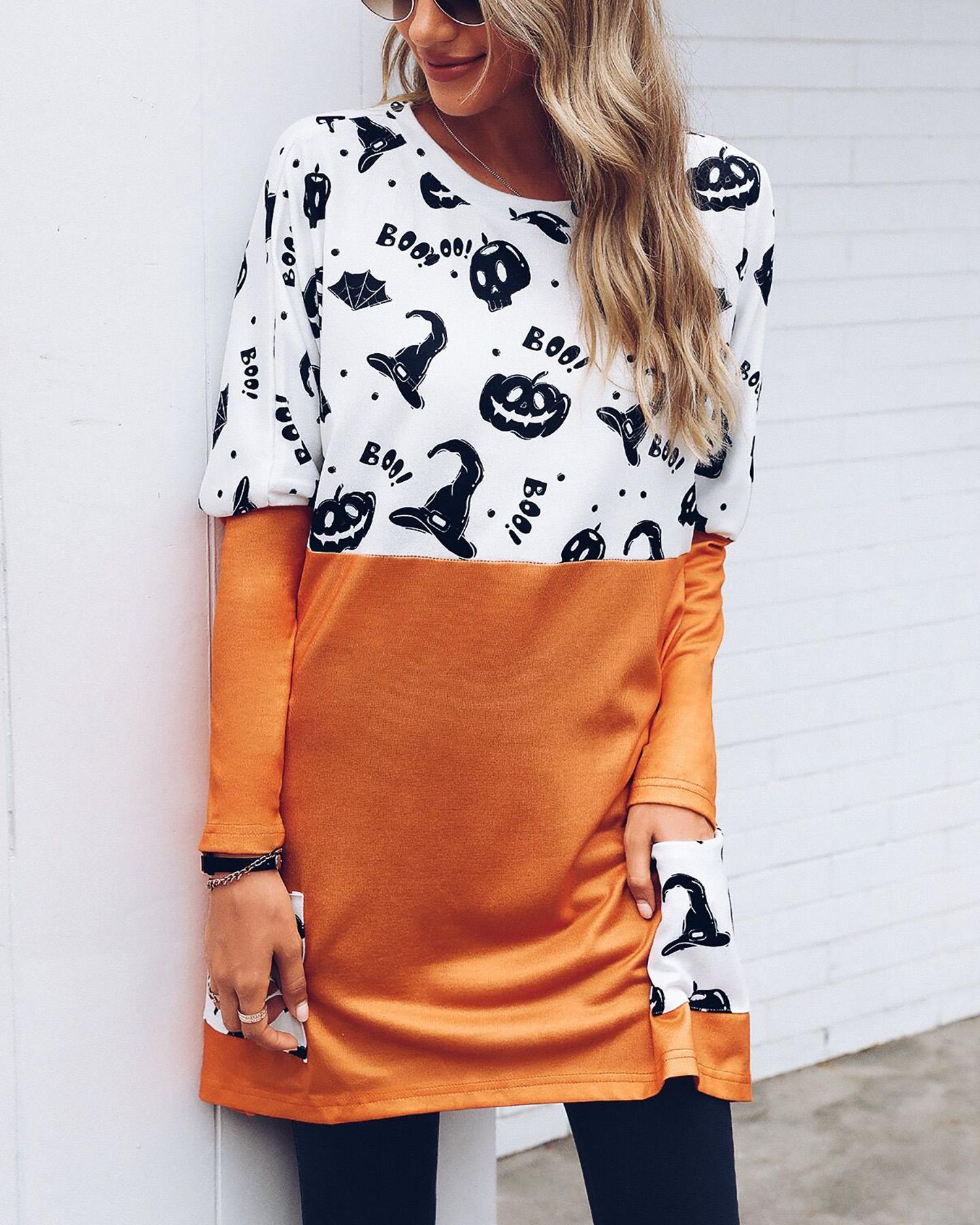 

Halloween Pumpkin Hat Print Colorblock Top, Orange