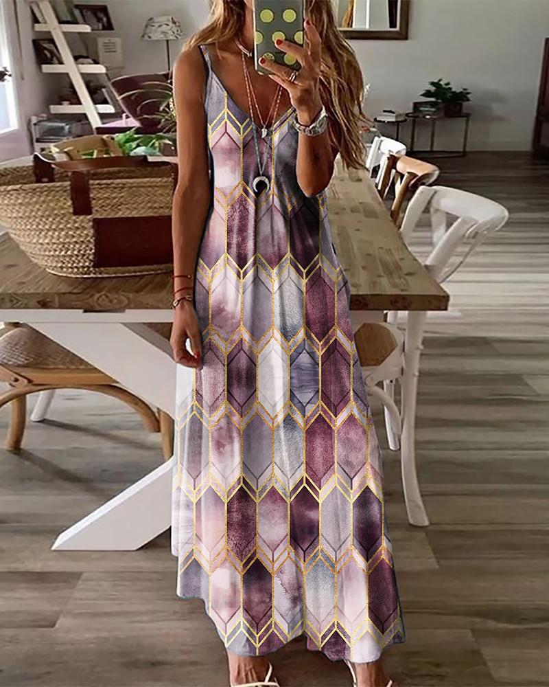 

Spaghetti Strap Geometric Print Maxi Dress, Purple