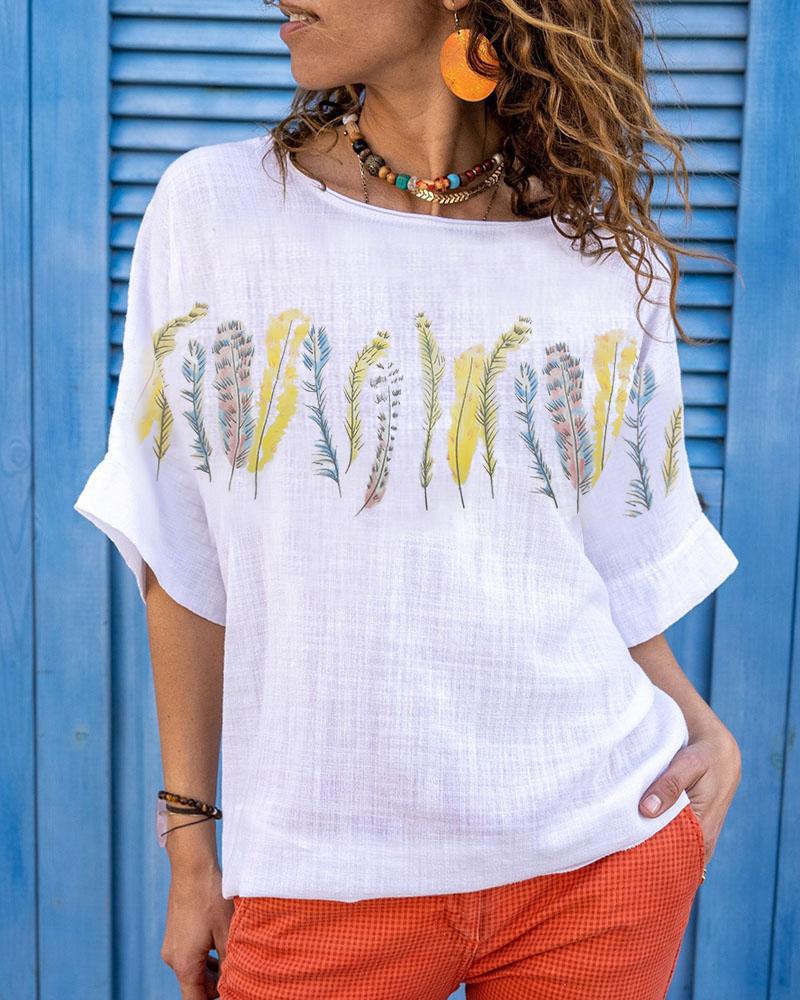 

Feather Print Half Sleeve Casual T-shirt, White