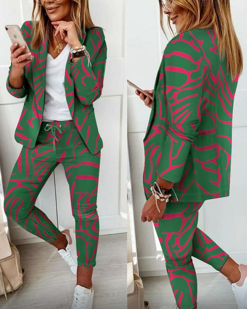 

Abstract Print Long Sleeve Blazer & Pants Set, Green