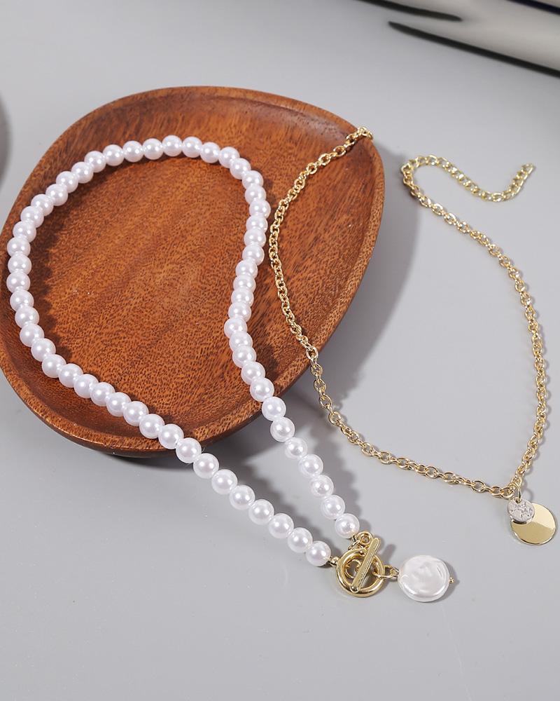

2PCS Pearl Coin Pendant Beaded Strap Necklace, Gold