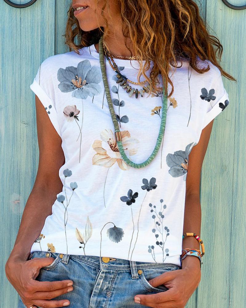 

Floral Print Cap Sleeve Casual T-shirt, White