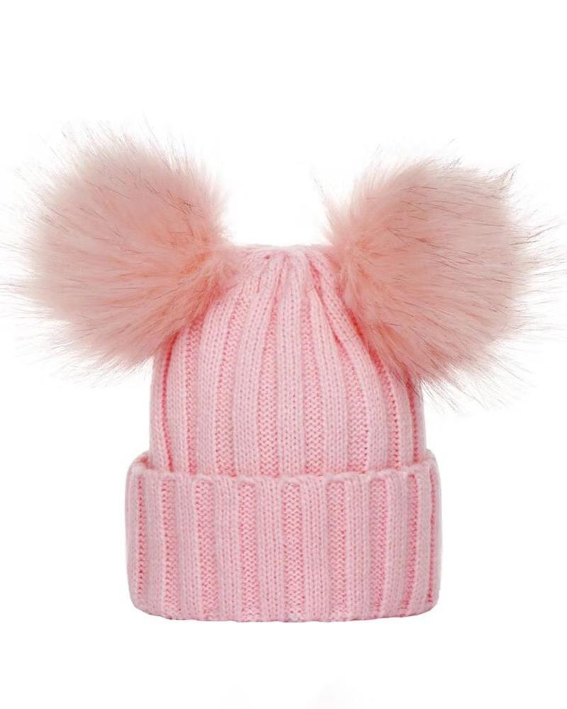 

Knit Double Pom Pom Decor Cuffed Beanie For Kids, Pink