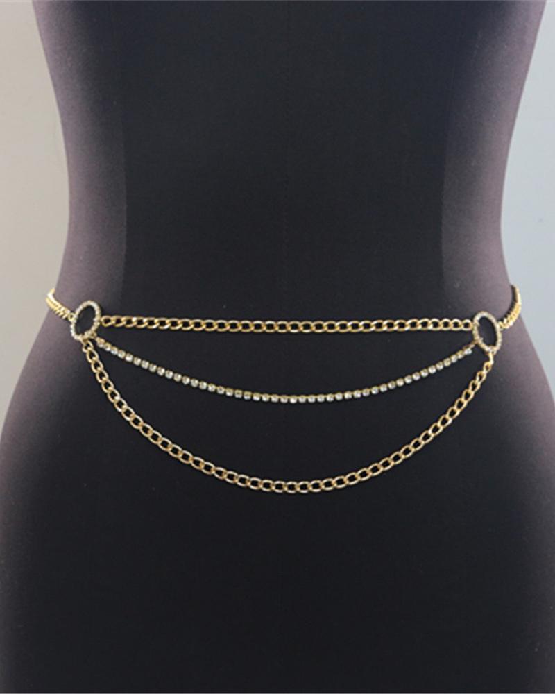 

1PCS Rhinestone Decor O-Ring Layered Waist Chain, Gold
