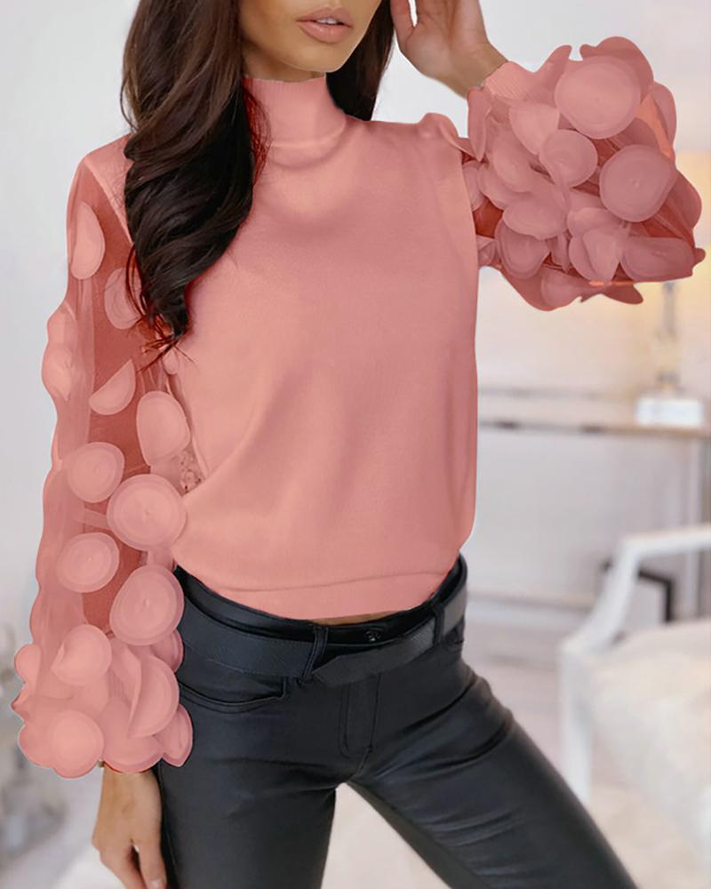

Polkadot Patch Sheer Mesh Lantern Sleeve Top, Pink