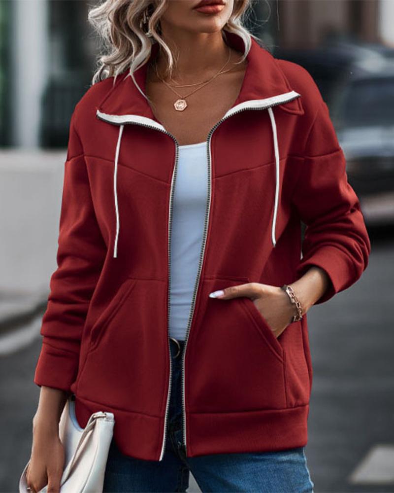 

Long Sleeve Warm Fleece Lined Zip Up Coat, Red