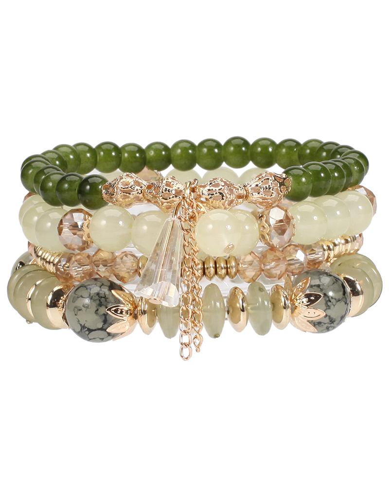 

4pcs Bohemian Crystal Stone Beaded Stackable Tassel Bracelets Set, Beige