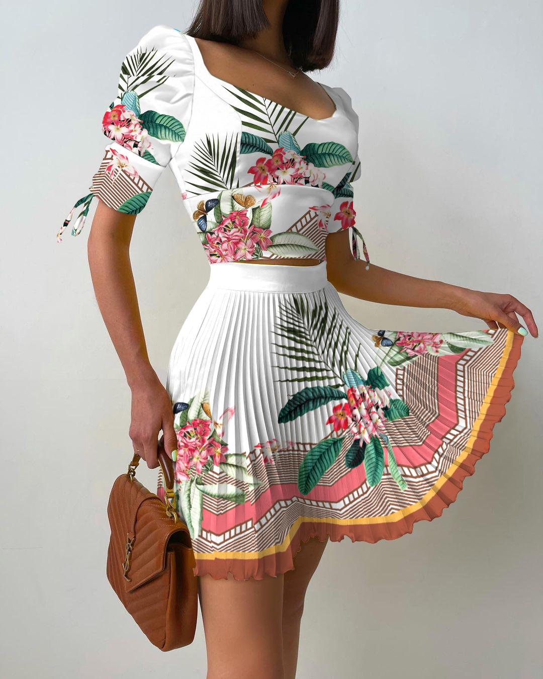 

Tropical Print Puff Sleeve Top & Pleated Skirt Set, White