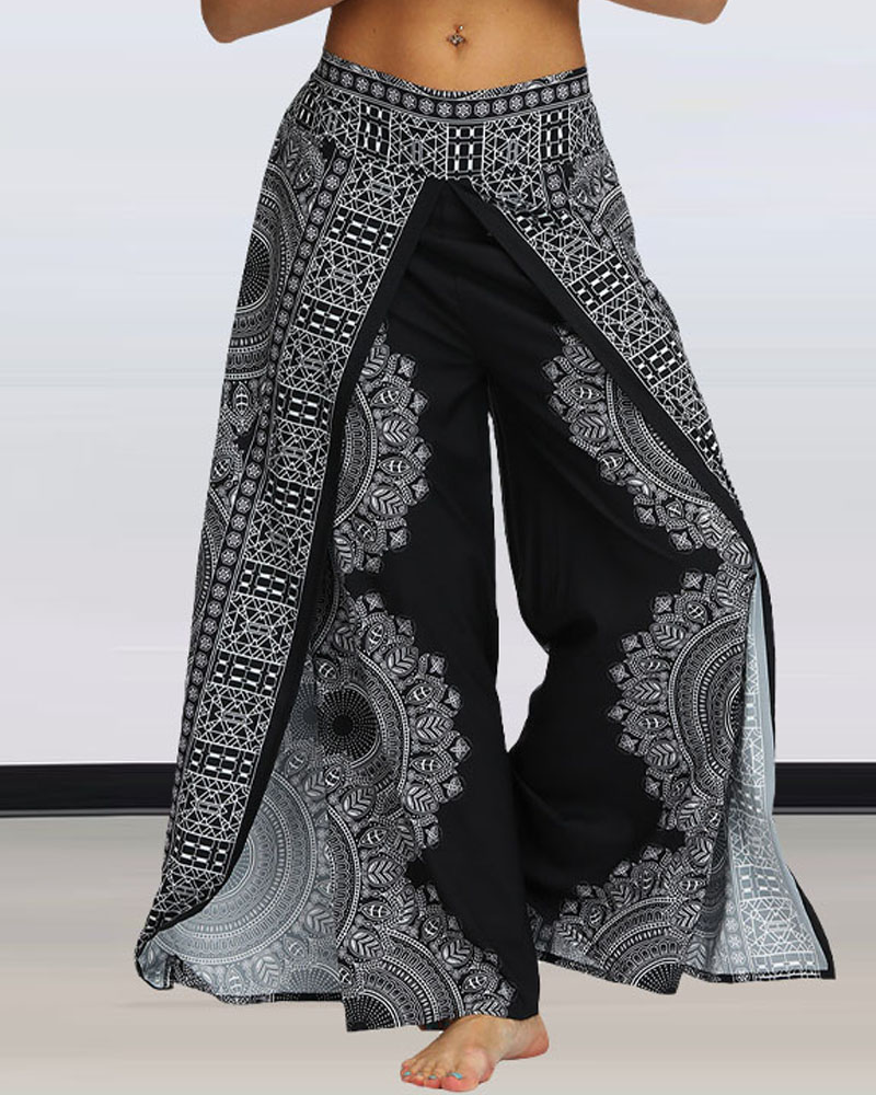 

Patchwork Tribal Print High Slit Wide Leg Yoga Pants, Black