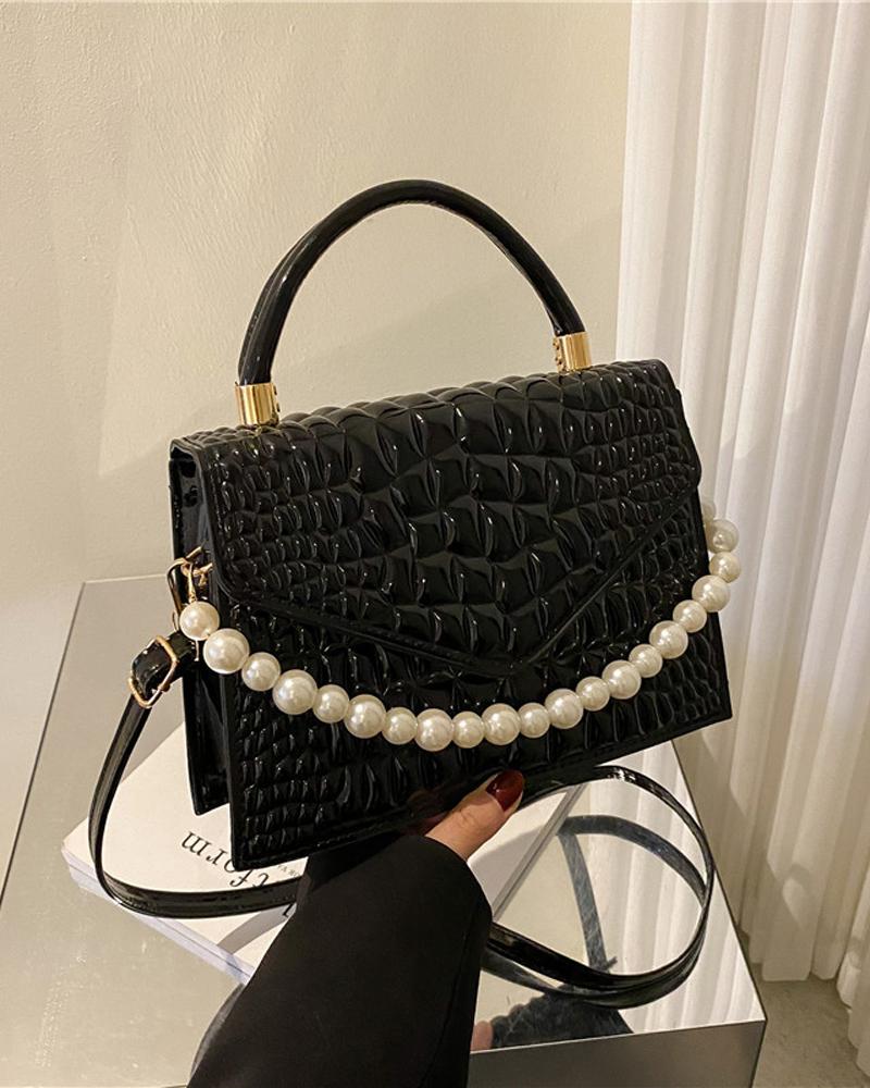 

Embossed Pearls Decor Flap Shoulder Bag With Handle, Black