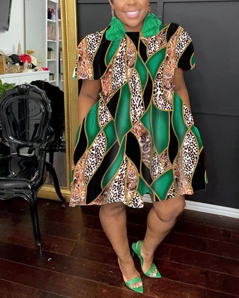 

Baroque Leopard Print Pocket Design Casual Dress, Green