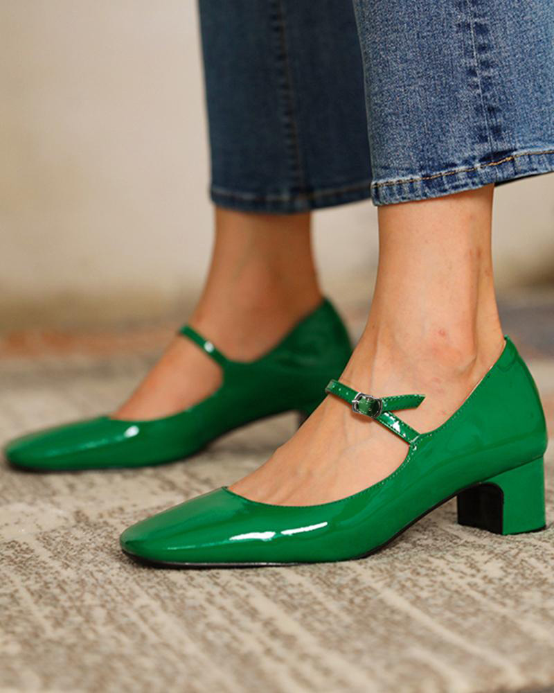 

Square Toe Heeled Mary Janes, Green