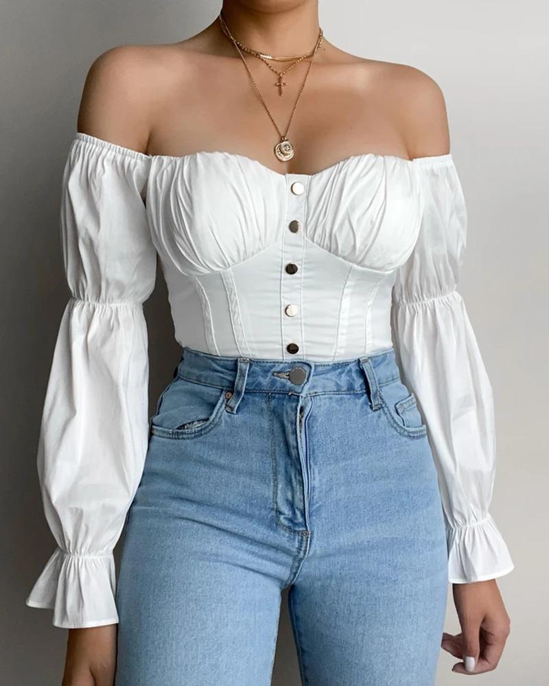 

Off Shoulder Lantern Sleeve Button Decor Top, White