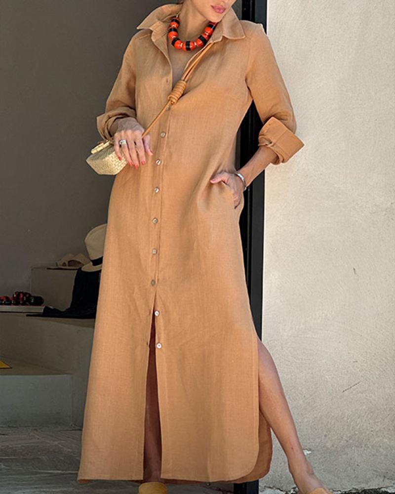 

Buttoned Slit Pocket Design Maxi Shirt Dress, Khaki