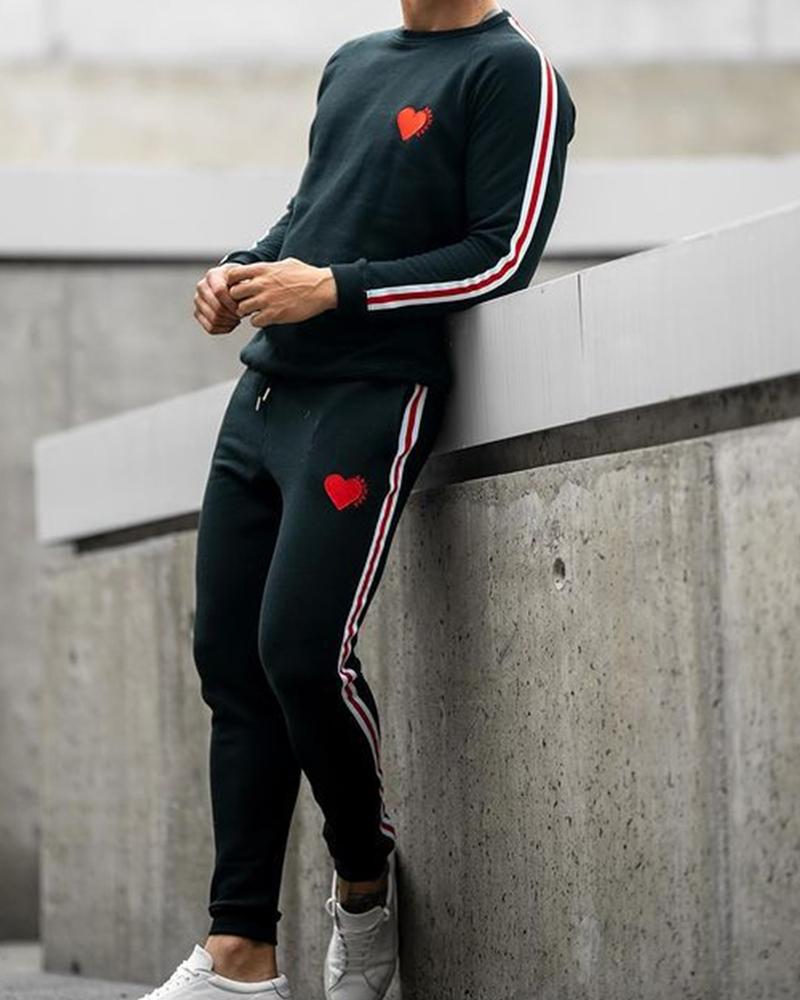 

Solid Color Side Striped Splicing Heart Print Long Sleeve Suit Sets, Black