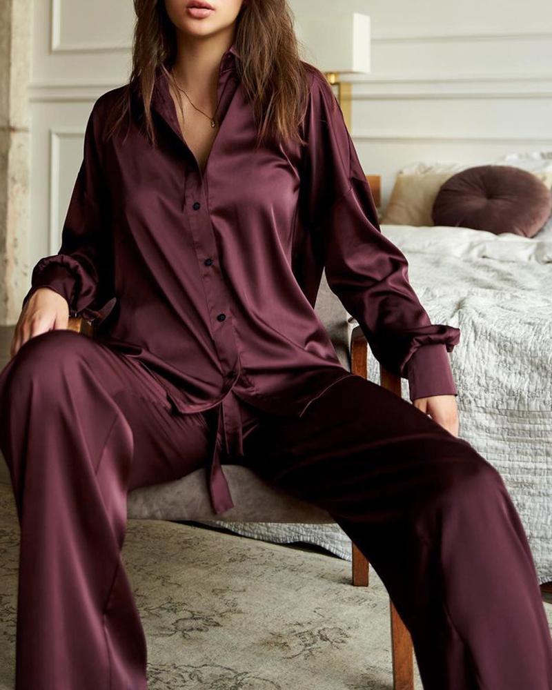 

Button Front Satin Long Sleeve Pajamas Set, Purple