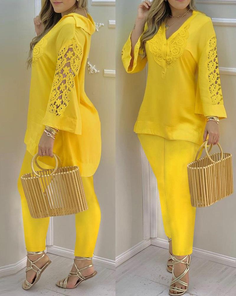 

Contrast Lace Bell Sleeve Top & Pants Set, Yellow