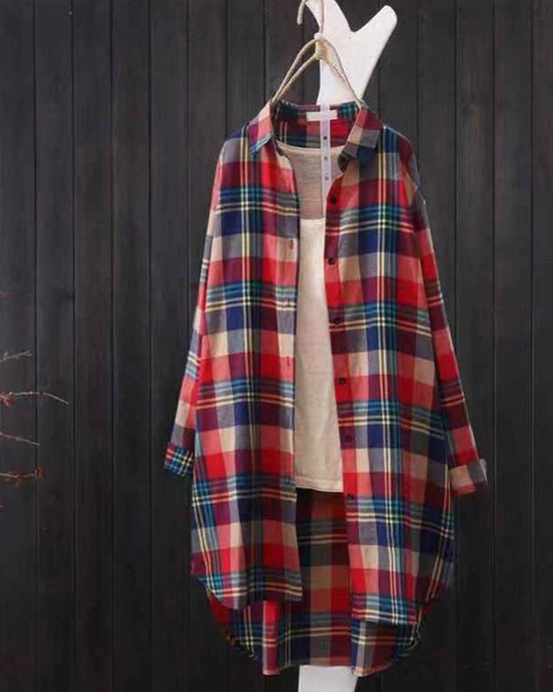 

Plaid Long Sleeve Tunic Shirt, Red