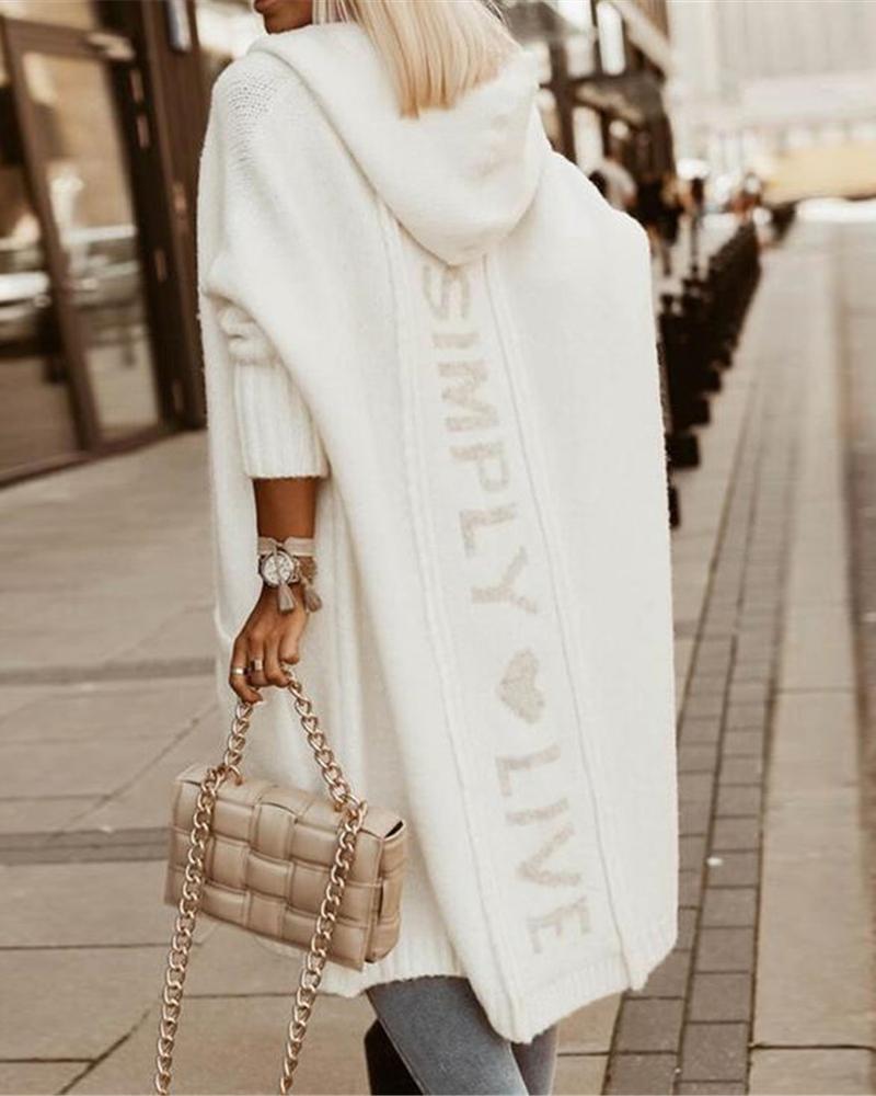 

Letter Heart Print Longline Hooded Cardigan, White