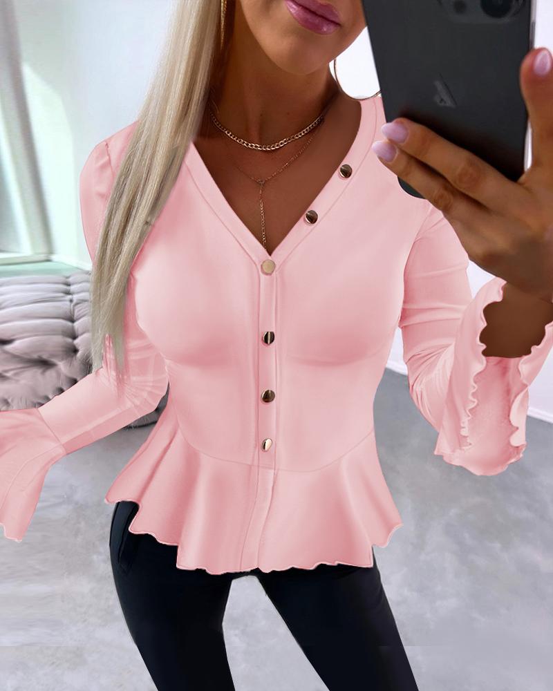 

V-Neck Bell Sleeve Buttoned Ruffles Top, Pink