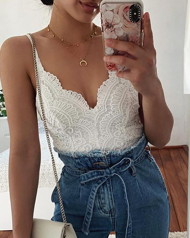 

Crochet Lace Spaghetti Strap Skinny Bodysuit, White