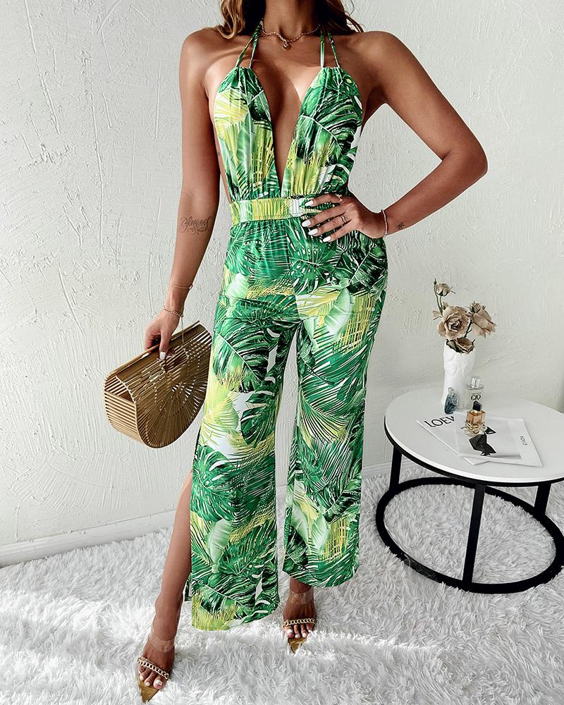 

Tropical Print Split Hem Halter Backless Jumpsuit, Green