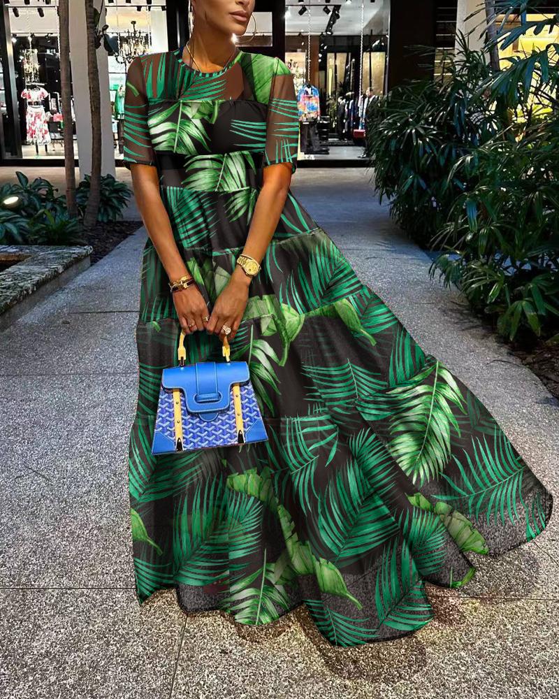 

Tropical Print Sheer Mesh Maxi Dress, Green