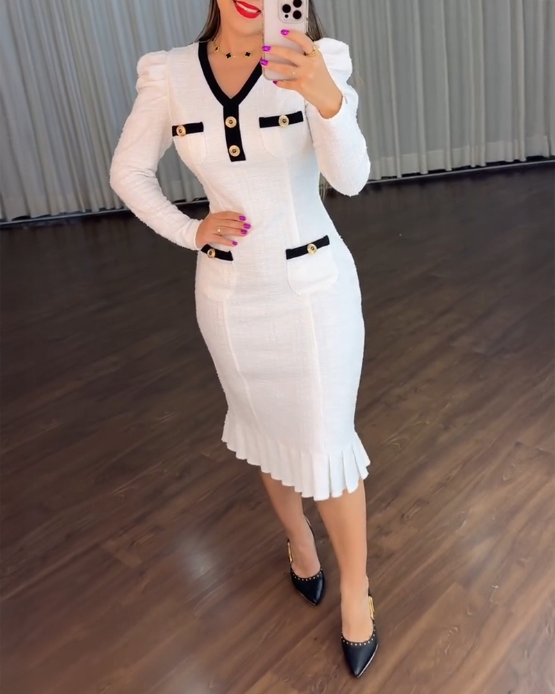 

Button Decor Contrast Paneled V-Neck Puff Sleeve Zipper Back Work Dress Pockets Design Pleated Hem Tweed Dress, White