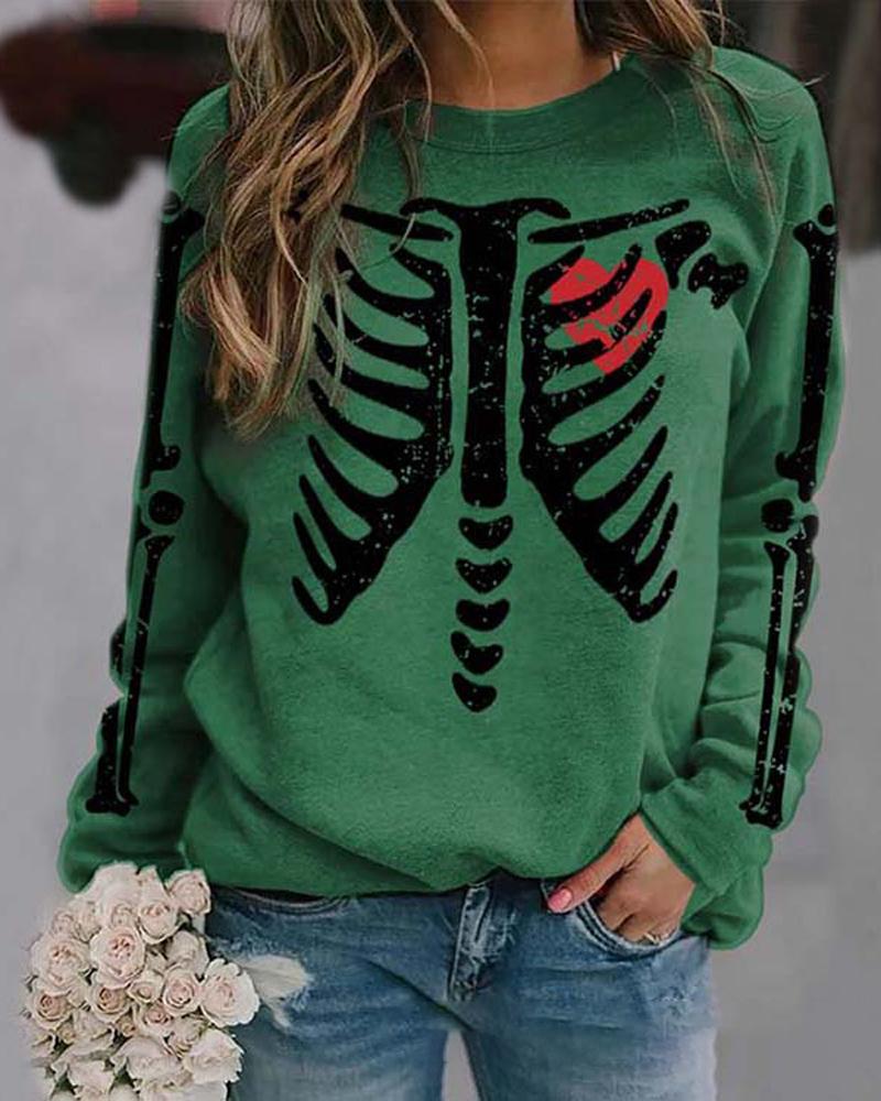 

Halloween Skeleton Print Long Sleeve Sweatshirt, Green