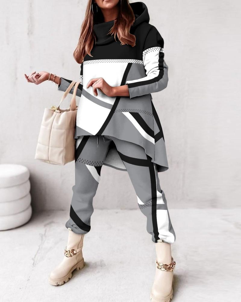 

Geometric Print Long Sleeve Dip Hem Hoodie & Pants Set, Gray