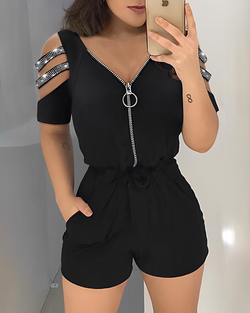 

Zipper Design Cutout Cold Shoulder Top & Shorts Set, Black