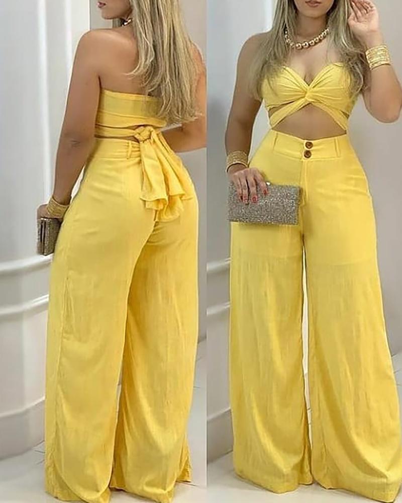 

Bandeau Cutout Twisted Top & Wide Leg Pants Set, Yellow