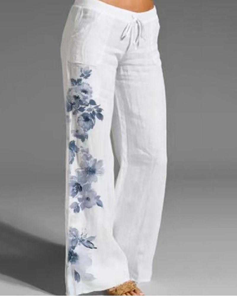 

Drawstring Floral Print Pocket Decor Flared Pants, White