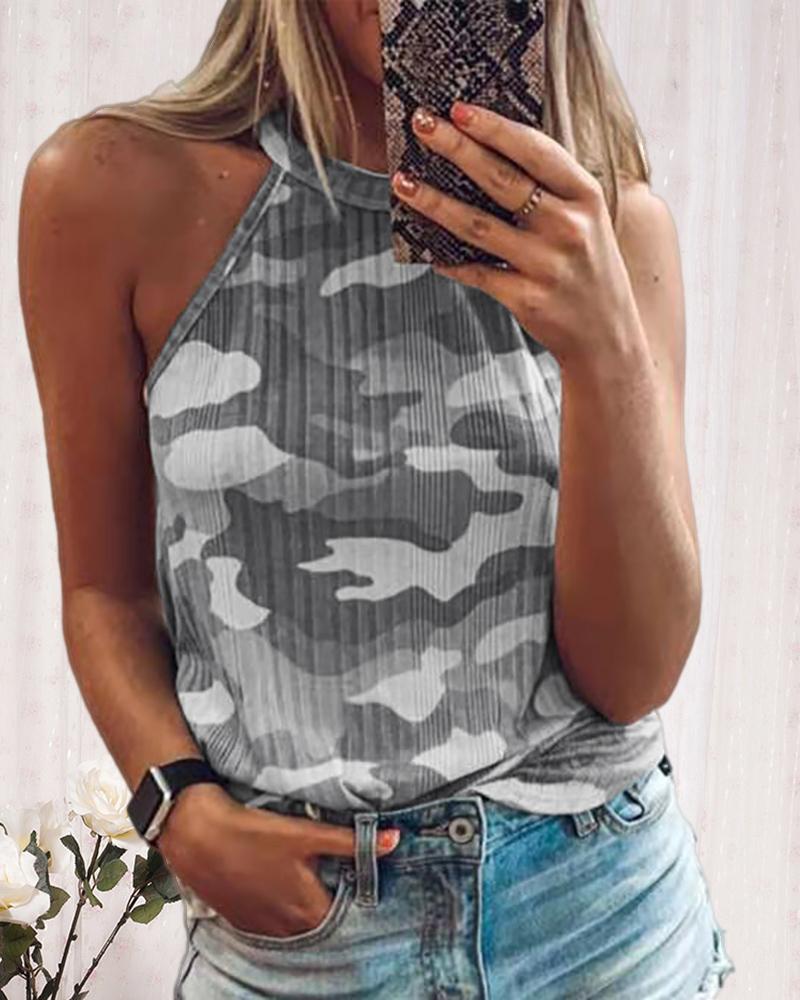 

Halter Camouflage Print Sleeveless Top, Gray