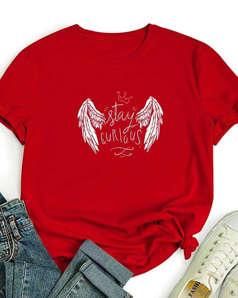 

Graphic Text Angel Print Round Neck Cotton Basic Top, Red