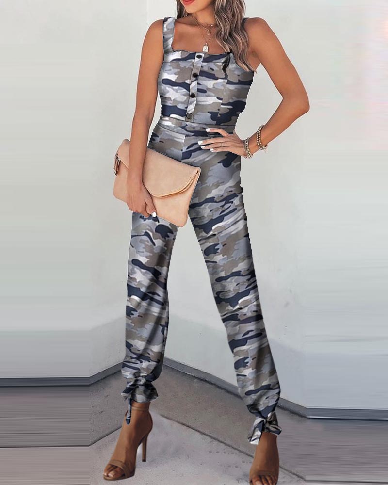 

Thick Strap Button Front Print Pattern Square Neck Camouflage Jumpsuit, Camoflage