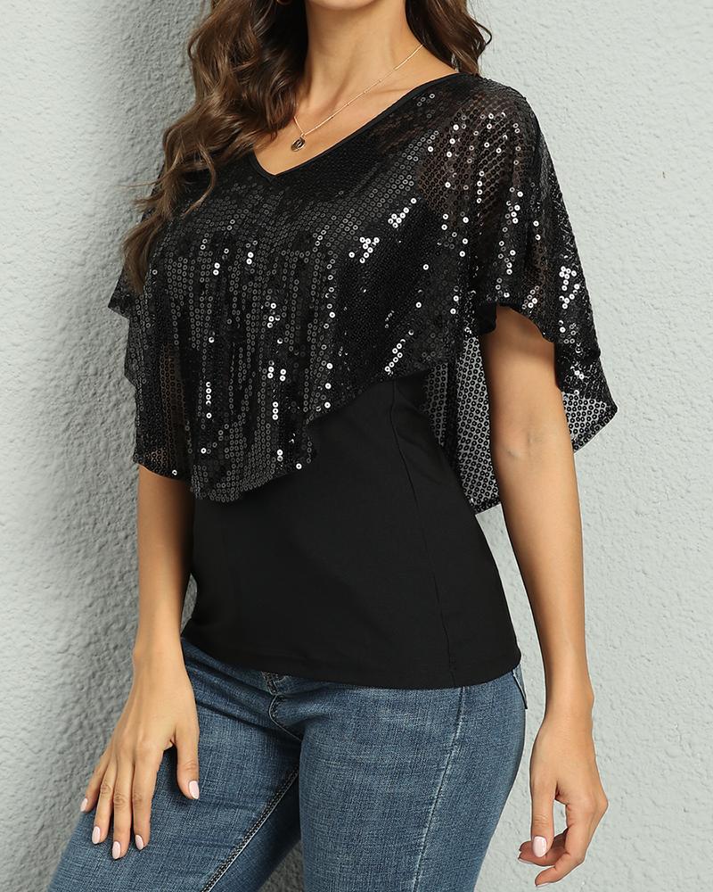 

Batwing Sleeve Sequin Patch Top, Black