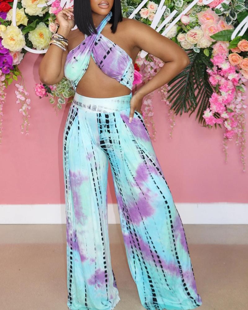 

Tie Dye Print Crop Top & Wide Leg Pants Set, Blue