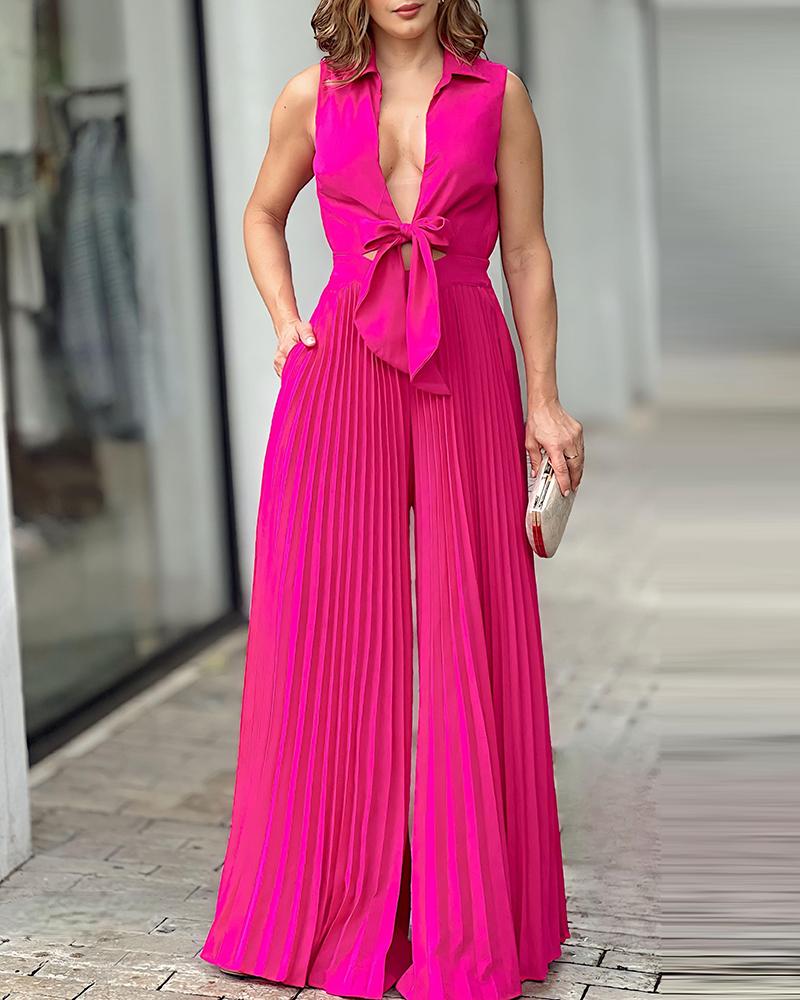 

Plunge Tied Detail Pleated Wide Leg Jumpsuit, Hot pink