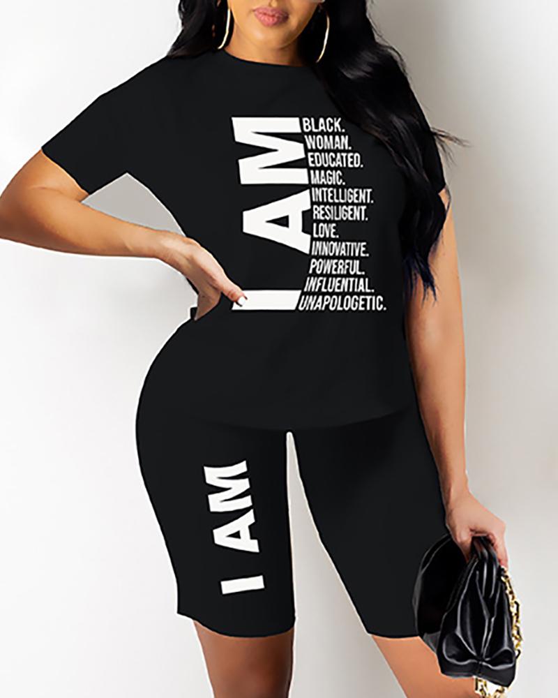 

Letter Print Short Sleeve Top & Shorts Set, Black