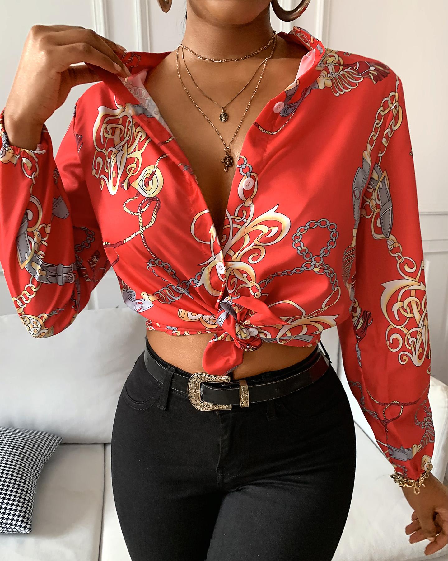 

Chain Print Colorblock Long Sleeve Shirt, Red