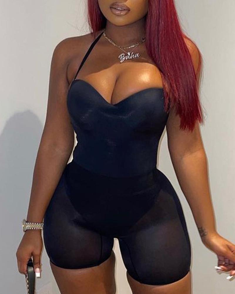 

Spaghetti Strap Bodysuit & Sheer Mesh Shorts Set, Black